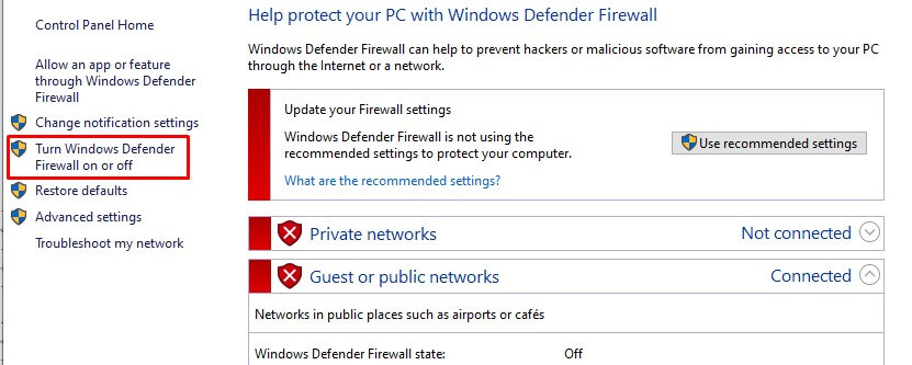Turn Windows Defender Firewall on or off